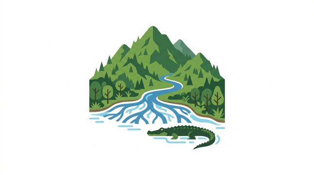 Alligator in a River Delta Surrounded by Mountains and Forests.