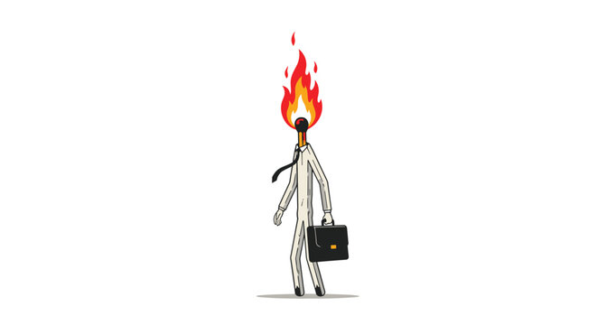 Conceptual illustration of burnout showing a thin businessman with a matchstick head that is currently on bright fire.