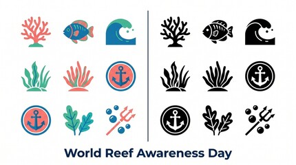 Fototapeta premium World Reef Awareness Day flat vector icon set with coral, fish, sea weeds and ocean waves in color and black silhouette