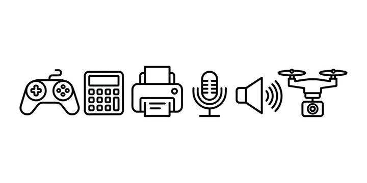 Black and white line of gaming controller calculator printer microphone speaker and drone in white background