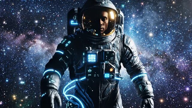 Astronaut Floating in Deep Space Amidst Nebula and Stars.
