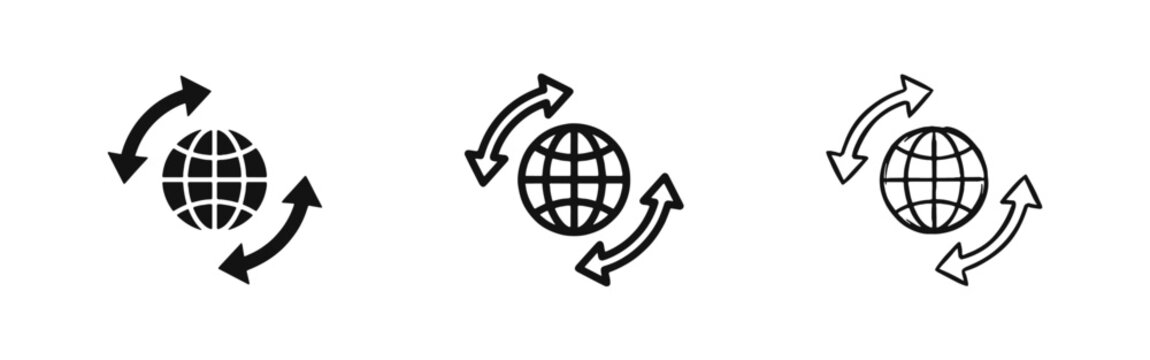 Globe with circular arrows icons set representing global cycle logistics and sustainability