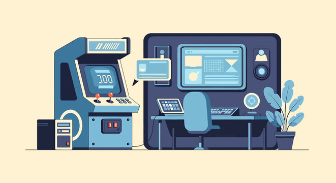 Retro arcade machine and modern workspace.