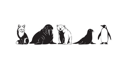 Arctic and antarctic wildlife animals including fox walrus polar bear seal and penguin silhouettes on white background. © Md