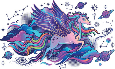 Magical Flying Pegasus Unicorn Vector Illustration with Rainbow Mane Soaring Through Cosmic Space Clouds Planets Stars and Constellations Graphic © MdMonirul