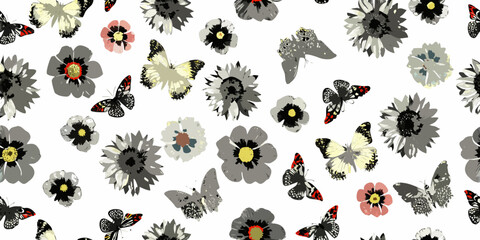 Floral And Butterfly Pattern Vector Illustration With Gray And Red Tones © ShibuProsad