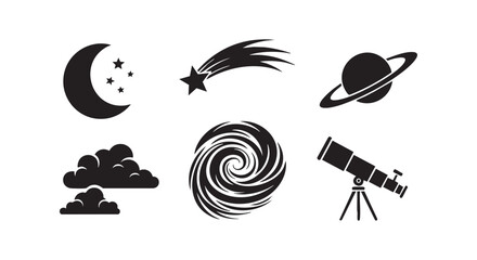 Astronomy and space exploration icons with crescent moon shooting star planet saturn clouds telescope and spiral galaxy. © Md