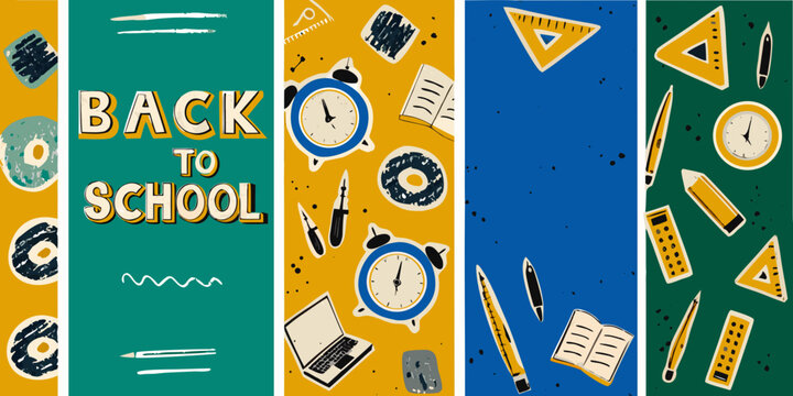 Back to school supplies vector illustration with clocks pencils and geometric shapes