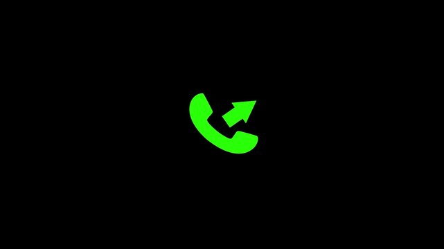 Green telephone with an incoming call animation arrow pointing upwards isolated on black background
