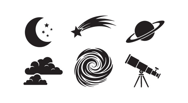Astronomy and space exploration icons with crescent moon shooting star planet saturn clouds telescope and spiral galaxy.