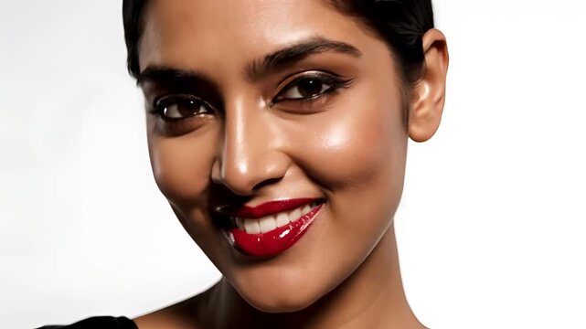 Close up of a woman with bold red lipstick and dramatic eye makeup.