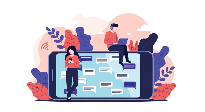 Diverse people using mobile devices for social media communication and instant messaging on a giant smartphone screen.