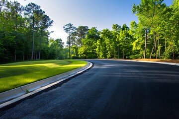 Fototapeta premium Newly paved road through forest landscape with trees