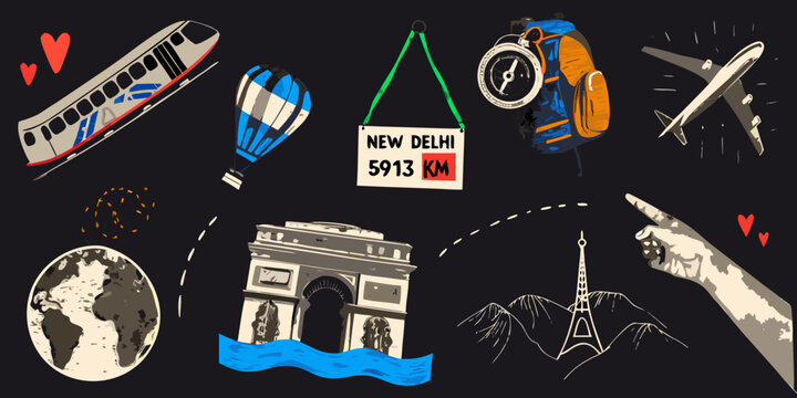 Travel Collage Featuring Airplane Globe And India Gate Vector Illustration