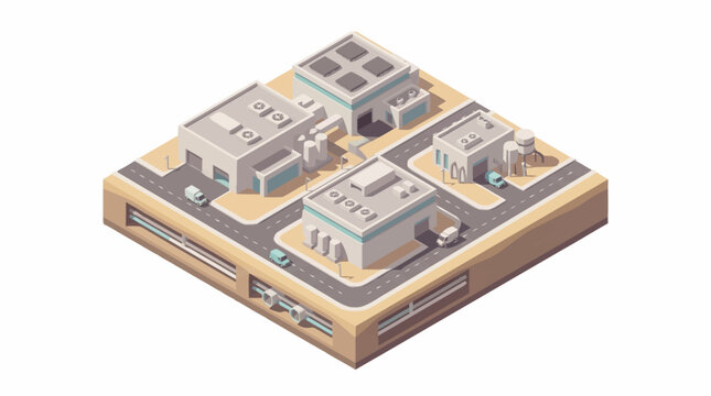 Isometric view of a small town with buildings and roads.