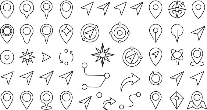 Map location pins and GPS navigation line art vector icon set featuring compass directions route mapping and arrow pointers