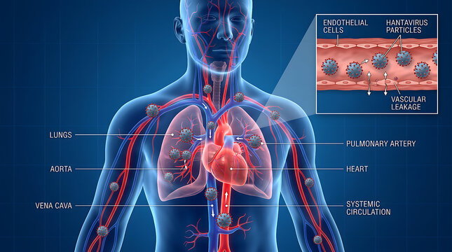 Human circulatory and respiratory systems with detailed view of endothelial cells and vascular leakage caused by nanoparticles
