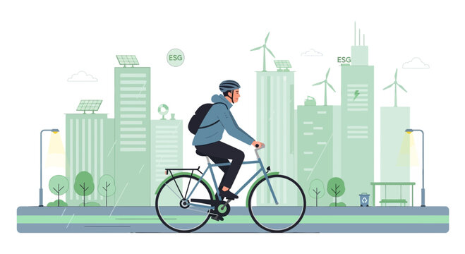 Man cycling in green eco city, sustainable urban transport, ESG concept
