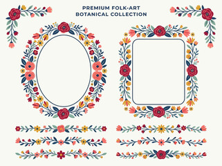 Folk Art Botanical Floral Frame and Border Set. Scandinavian Style Decorative Elements with Roses and Leaves for Wedding Invitations, Stationery, and Branding. © Nia