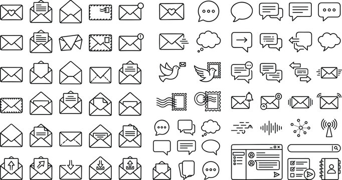 Email and chat communication line art vector icon set featuring envelopes speech bubbles postage stamps and messaging interface elements