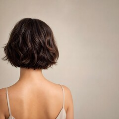 Fototapeta premium Rear Portrait of Woman with Short Hair Standing Indoors on a Neutral Background