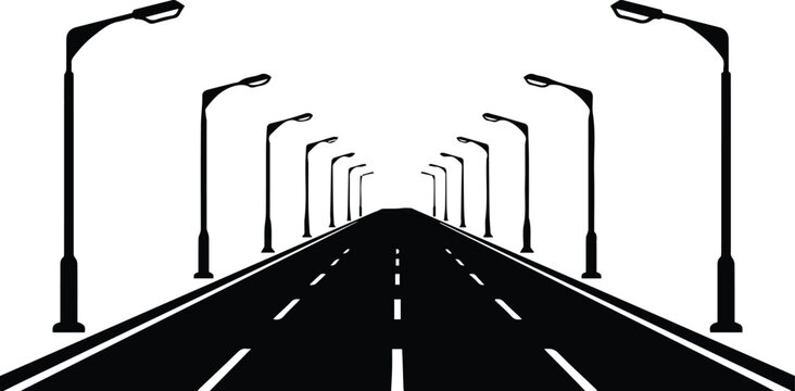Highway Road with Street Lamps Perspective View Black Silhouette Vector Illustration .