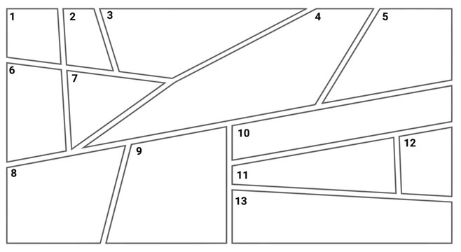 Comic book page layout with thirteen panels, manga grid storyboard template