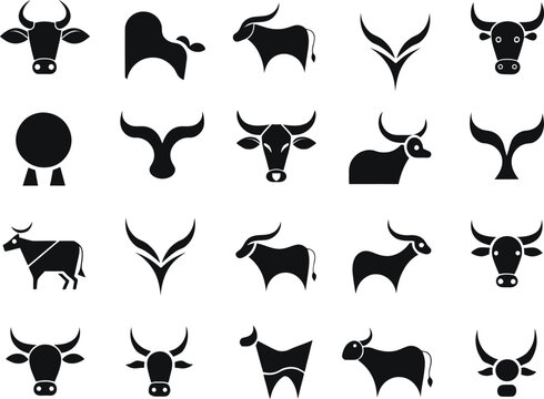 Set of minimalist bull icons showing various geometric steer heads and abstract buffalo silhouettes for cattle branding livestock farming emblem design projects today.