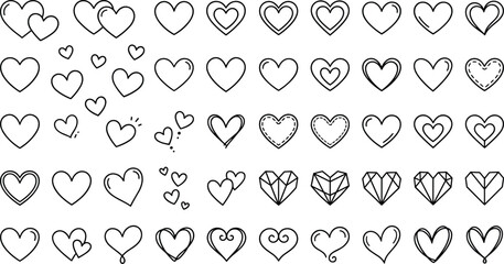 Fototapeta premium Heart doodles line art vector icon set featuring geometric shapes double hearts and romantic decorations for Valentine day