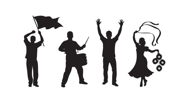 Celebration people silhouettes featuring performers with flag drums lanterns and festive ribbons for parade event vector.