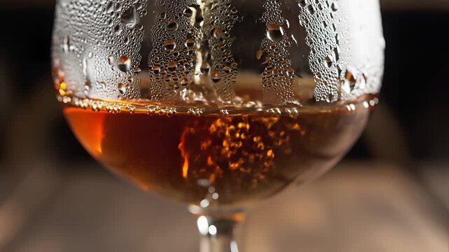 Closeup of a Brandy Snifter Glass with Condensation and Amber Liquid.
