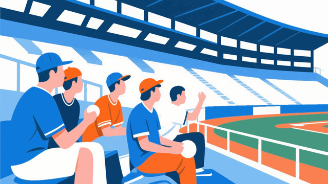 Flat design illustration of baseball game in stadium with players and spectators
