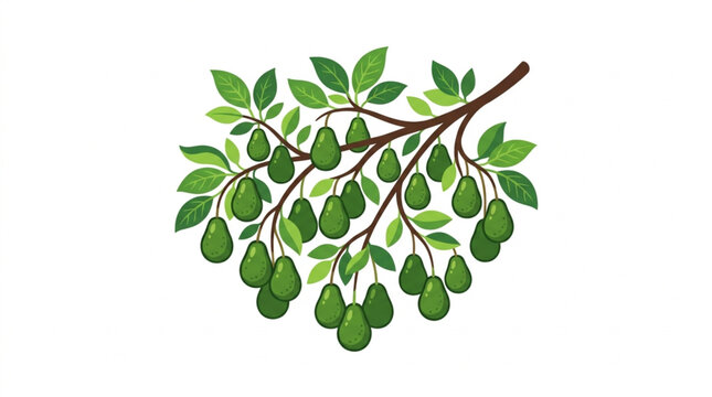 Avocado tree branch with many ripe green avocados and leaves.