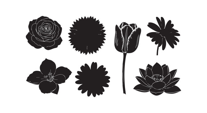 Collection of beautiful flower silhouettes featuring rose dahlia tulip lily and other blossom designs on a plain white background.