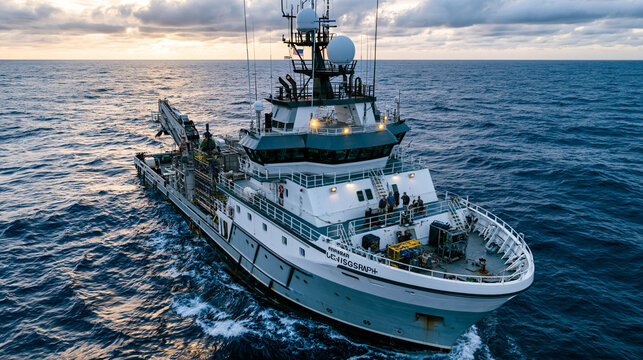 Wide establishing aerial perspective of remote Pacific research vessel anchored above seamount survey site, marine biology field team deploying underwater remotely operated vehicle from stern deck a