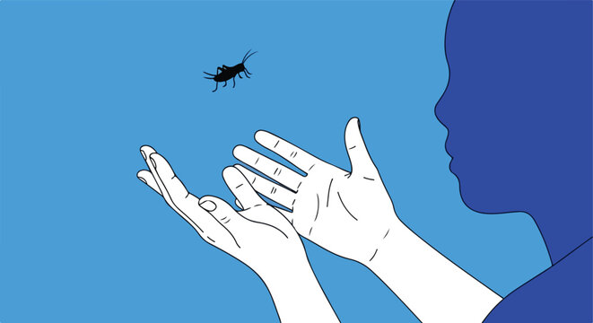 Hands reaching towards a leaping insect