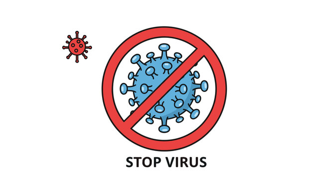 Public health message with a red stop sign over a coronavirus particle to represent virus prevention and pandemic control measures.
