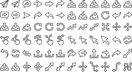 Obraz premium Arrow pointer line art vector icon set featuring cursors hand gestures upload download share next refresh and navigation symbols