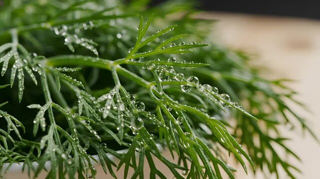 Closeup of fresh dill with water droplets on a wooden surface.