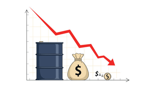 Financial chart showing a red downward trending arrow over an oil barrel and money bags depicting an economic crisis or drop in oil cost.