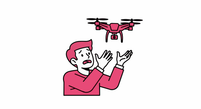 Surprised man looking at flying drone above him.