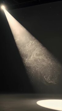 Dust Motes Illuminated by Spotlight Beam in Dark Room - A powerful spotlight cuts through a dark space, illuminating swirling dust motes and wisps of smoke.
