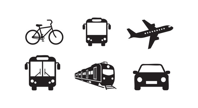 Collection of transport icons including bicycle bus airplane train and car silhouettes for travel and commute graphic design.