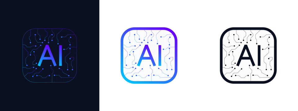 AI Microchip logo pack with circuit connection. Minimal artificial intelligence processor icon set for neural network technology, Editable Stroke vector illustration