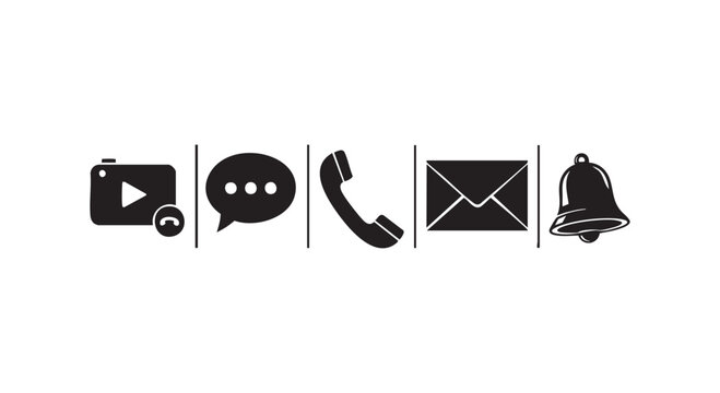 Communication icons set with video call, chat message, telephone, email, and notification bell symbols.