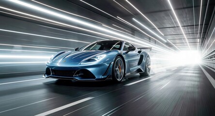 Fototapeta premium Dynamic blue sports car speeding through a bright light tunnel for automotive marketing.