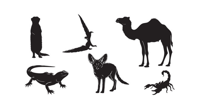 Desert wildlife animal silhouette collection featuring camel fennec fox meerkat scorpion lizard and bird in black icons.