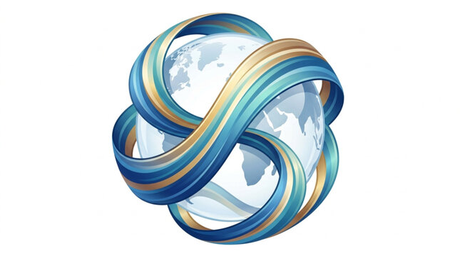 Abstract infinity symbol with globe inside and blue gold brush strokes.