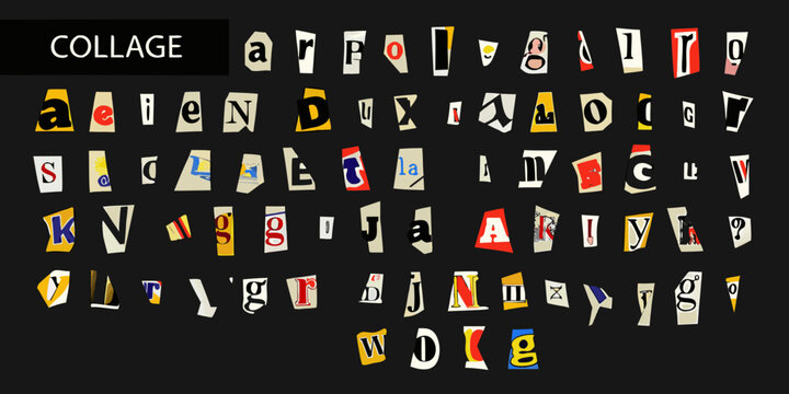 Cutout alphabet letters collage red and white on black background