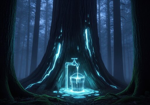 Surreal Concept of Nature's Energy with Glowing Blue Water Faucet and Bucket at the Base of a Giant Tree in a Dark Forest